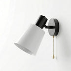 modern adjustable wall sconce featuring a matte black base, a pivoting joint, a white conical shade, and a gold pull-chain switch