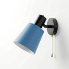 blue and black adjustable metal wall sconce features a convenient pull-chain switch