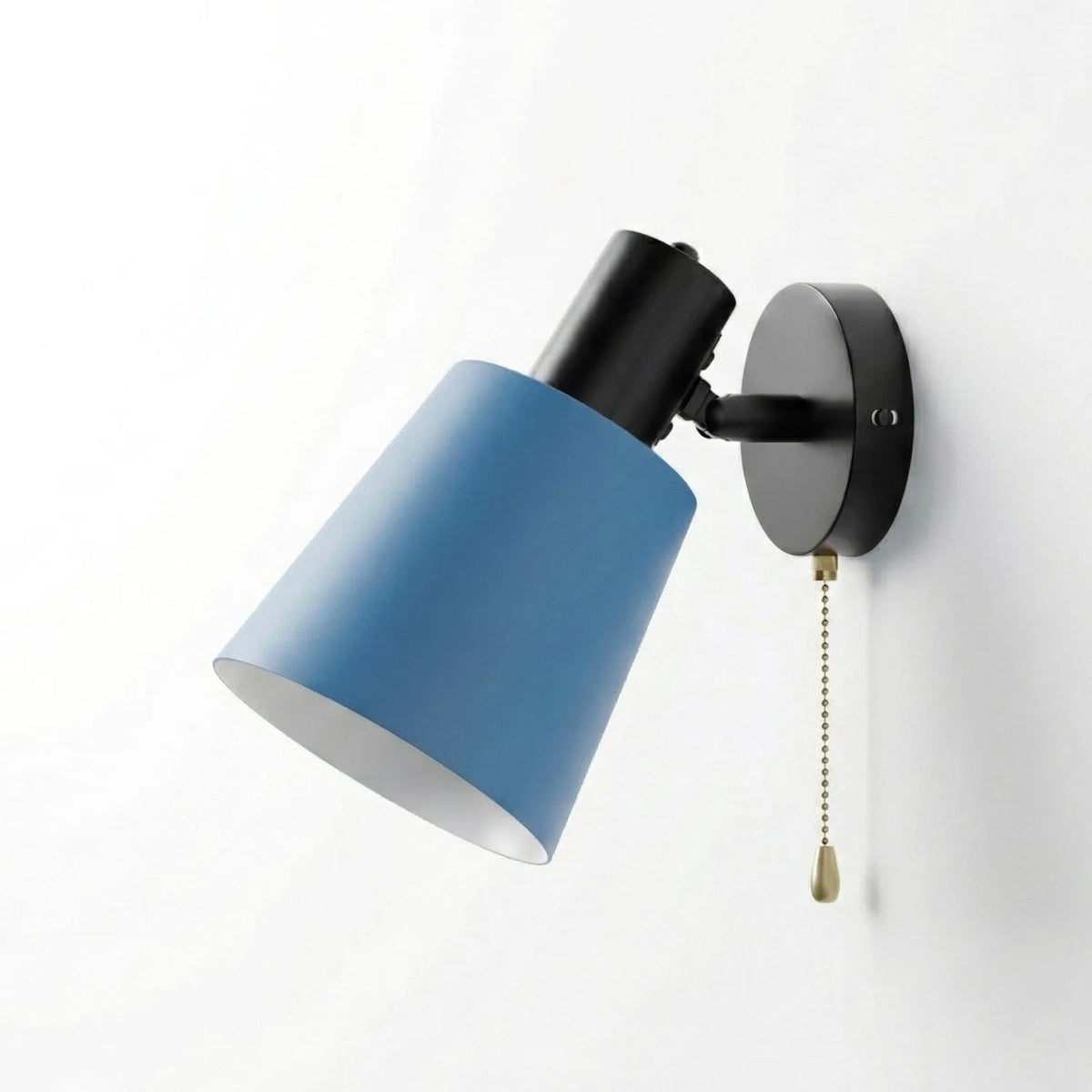 blue and black adjustable metal wall sconce features a convenient pull-chain switch