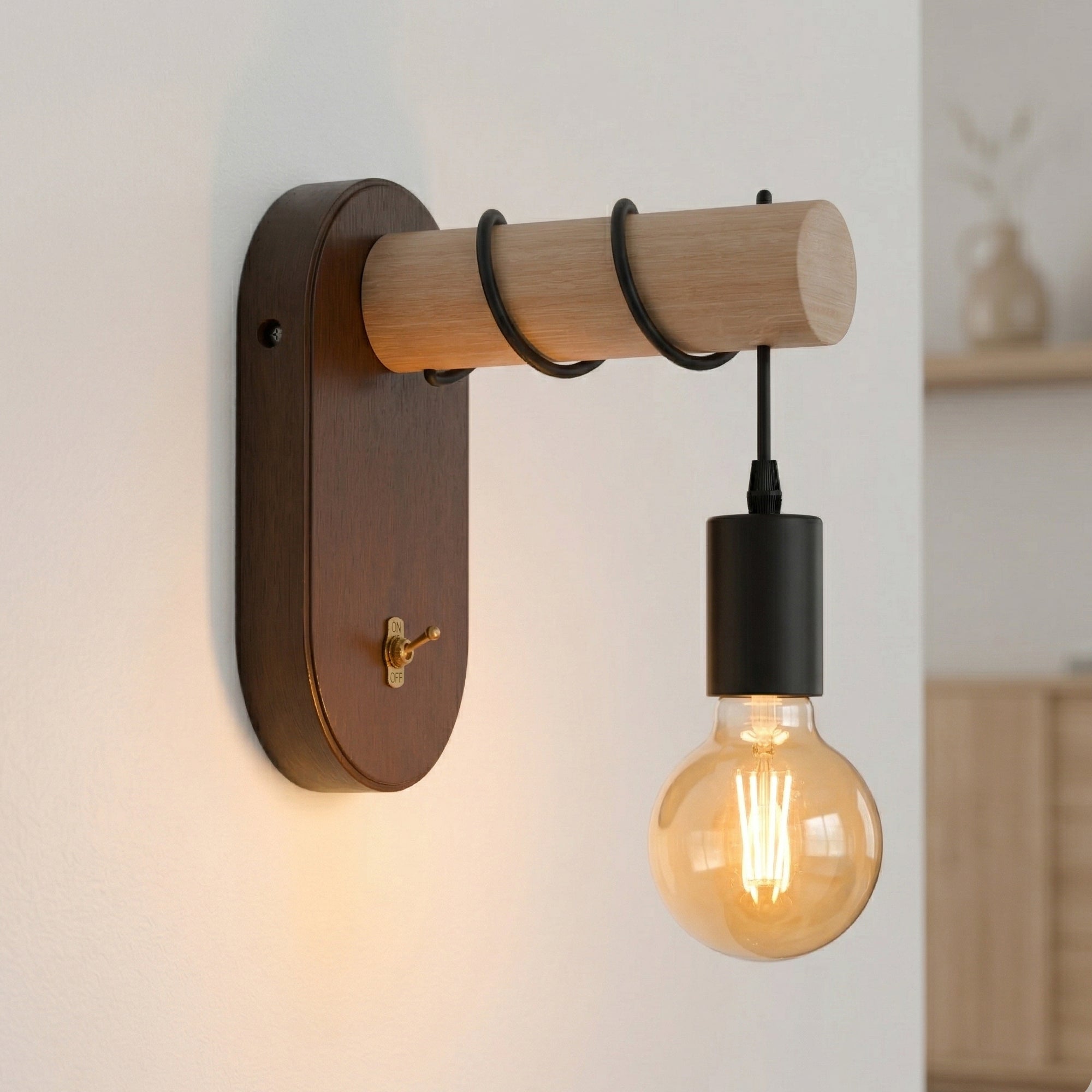 Industrial Wooden Wall Light with E27 Bulb & Toggle ~1138