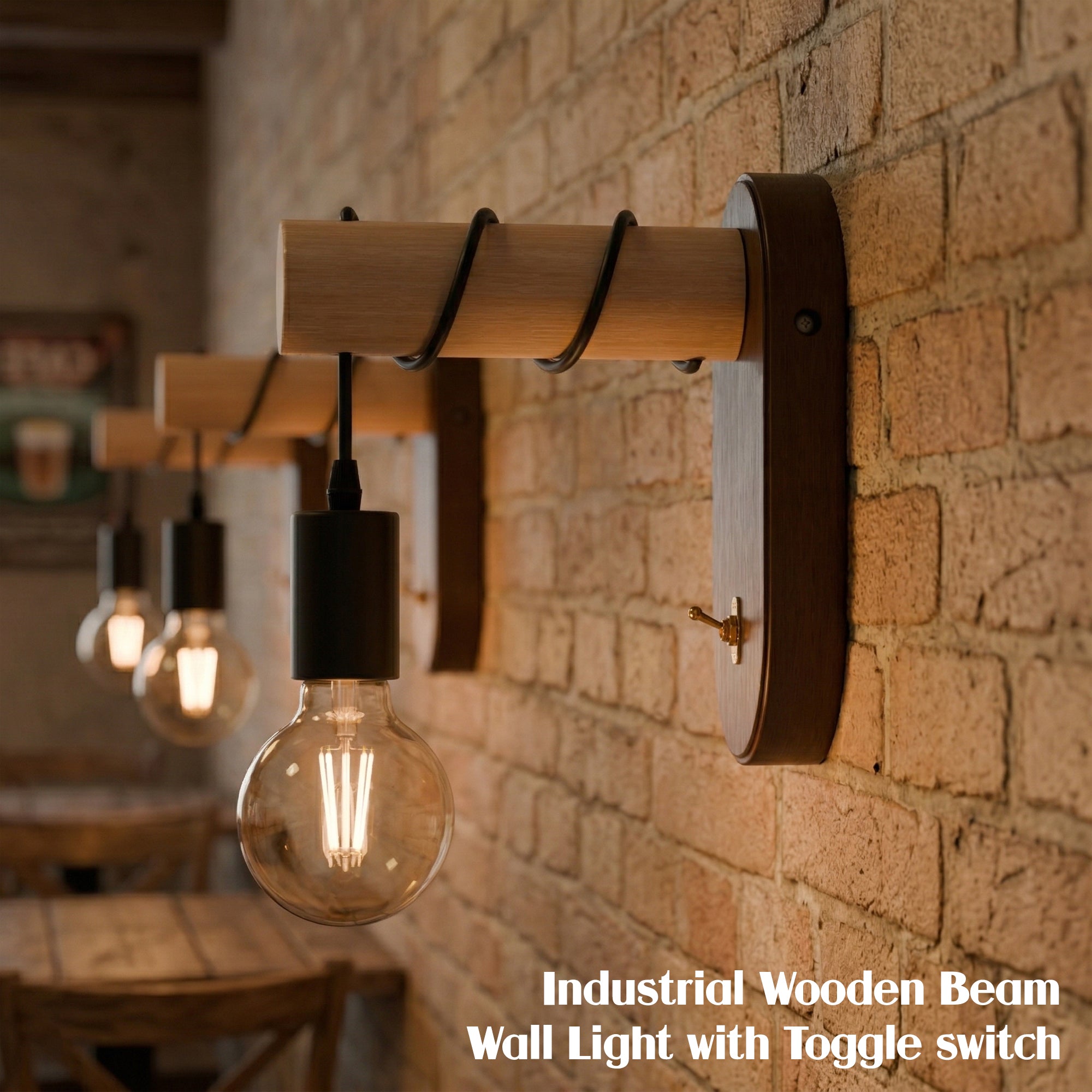 Industrial Wooden Wall Light with E27 Bulb & Toggle ~1138