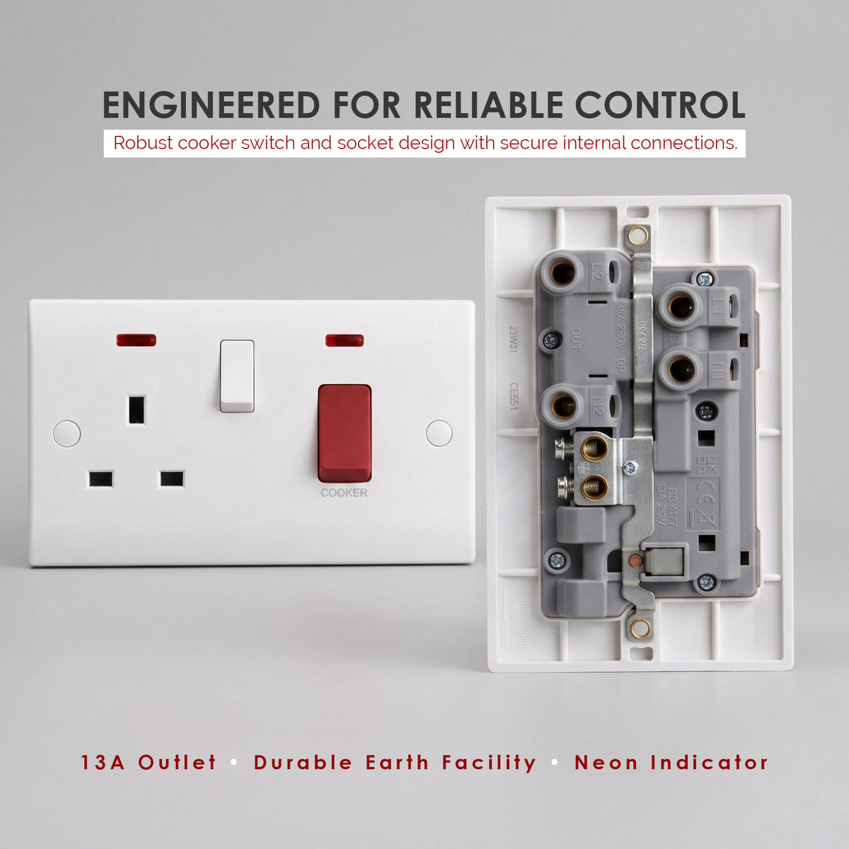 45A Cooker Switch with 13A Switched Socket and Neon – White ~1252