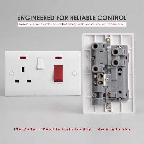 45A Cooker Switch with 13A Switched Socket and Neon – White ~1252