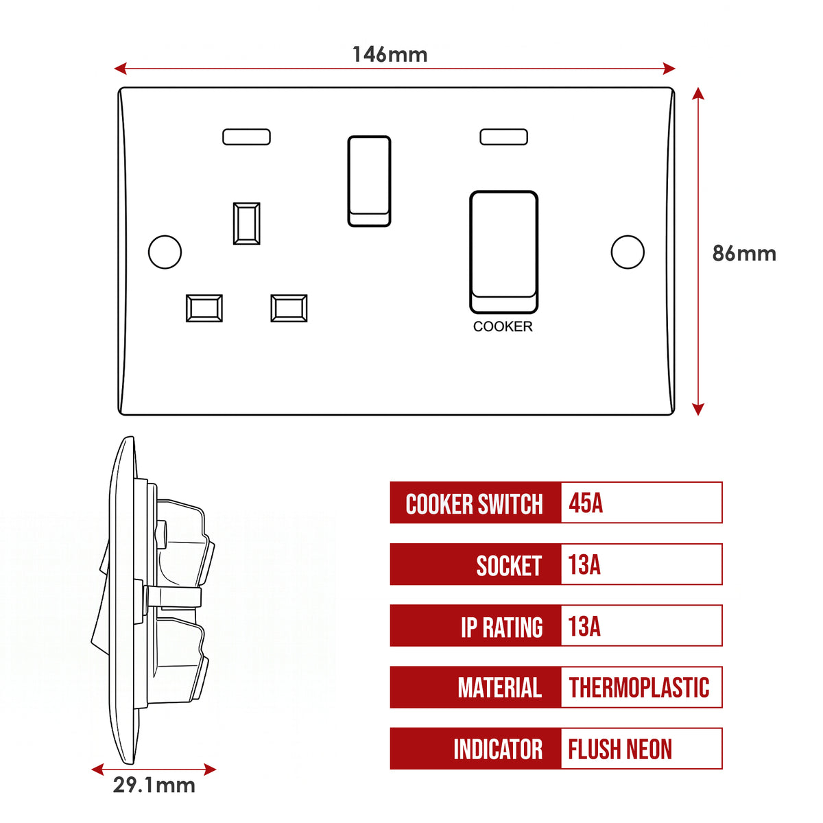 45A Cooker Switch with 13A Switched Socket and Neon – White ~1252