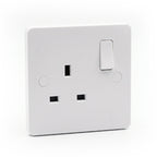 White molded square edge plate with a matching rocker switch and screw covers.