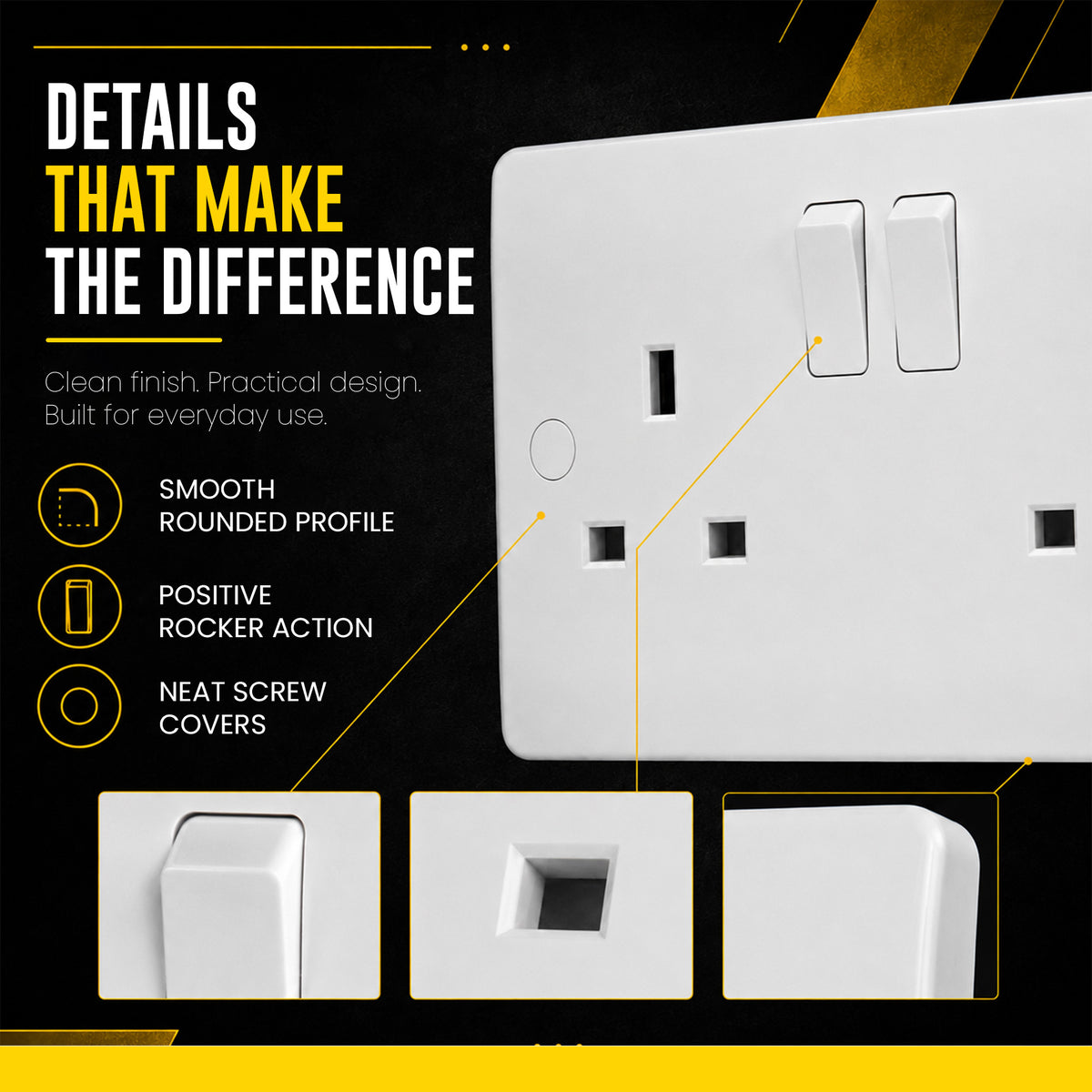 A simple but stylish double socket featuring soft, rounded edges and a slim profile
