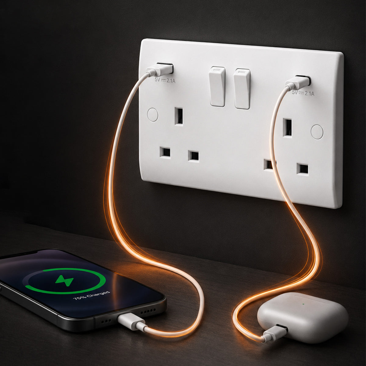 2-gang switched socket with USB-A and USB-C sockets
