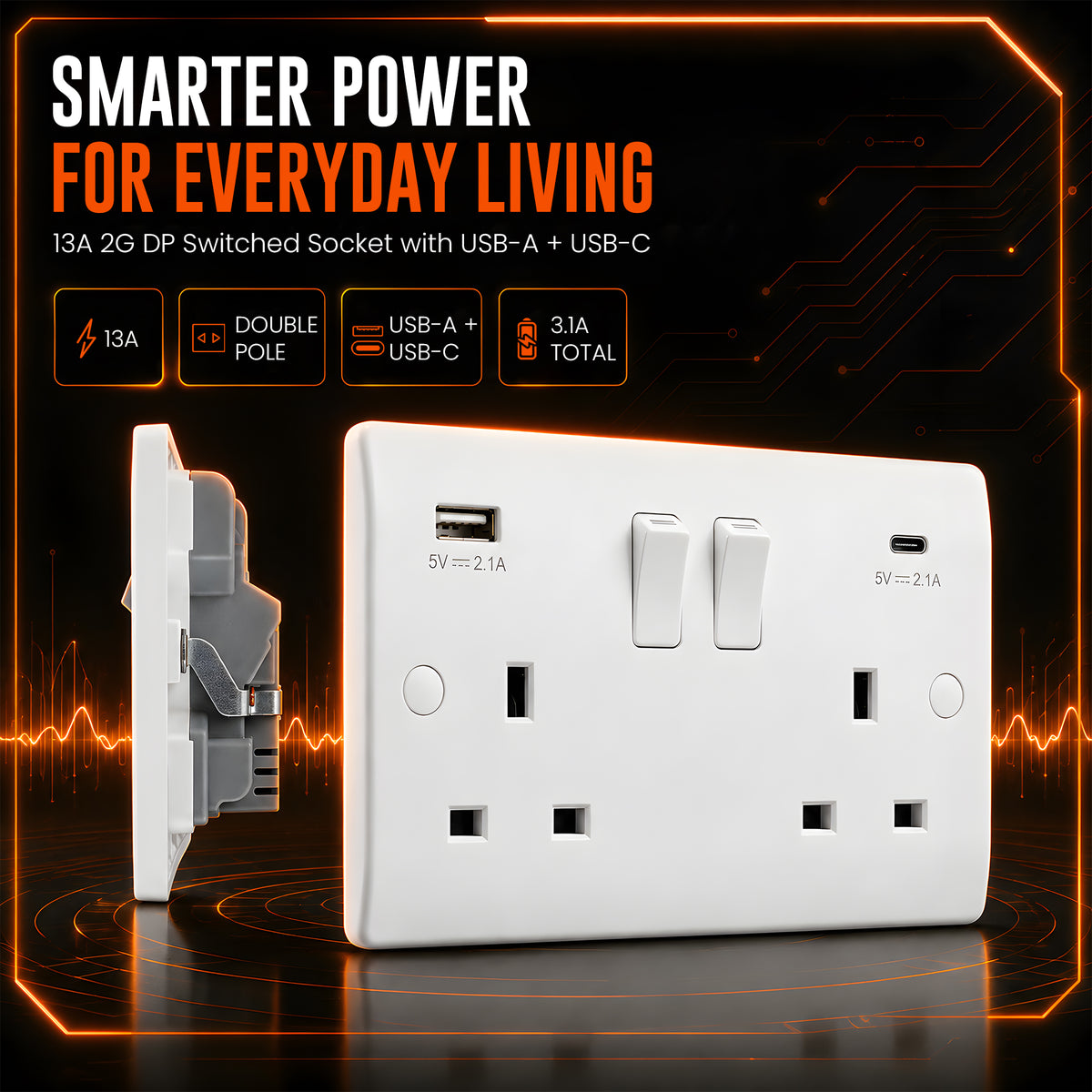 13A 2 Gang Switched Double Pole USB Socket