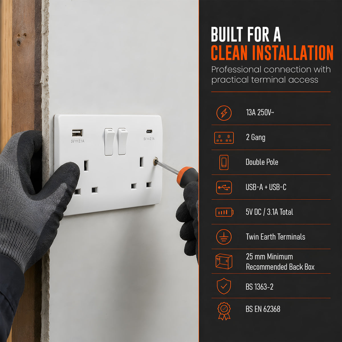 13A 2 Gang Double Pole Switched Socket with USB-A and USB-C ~1249