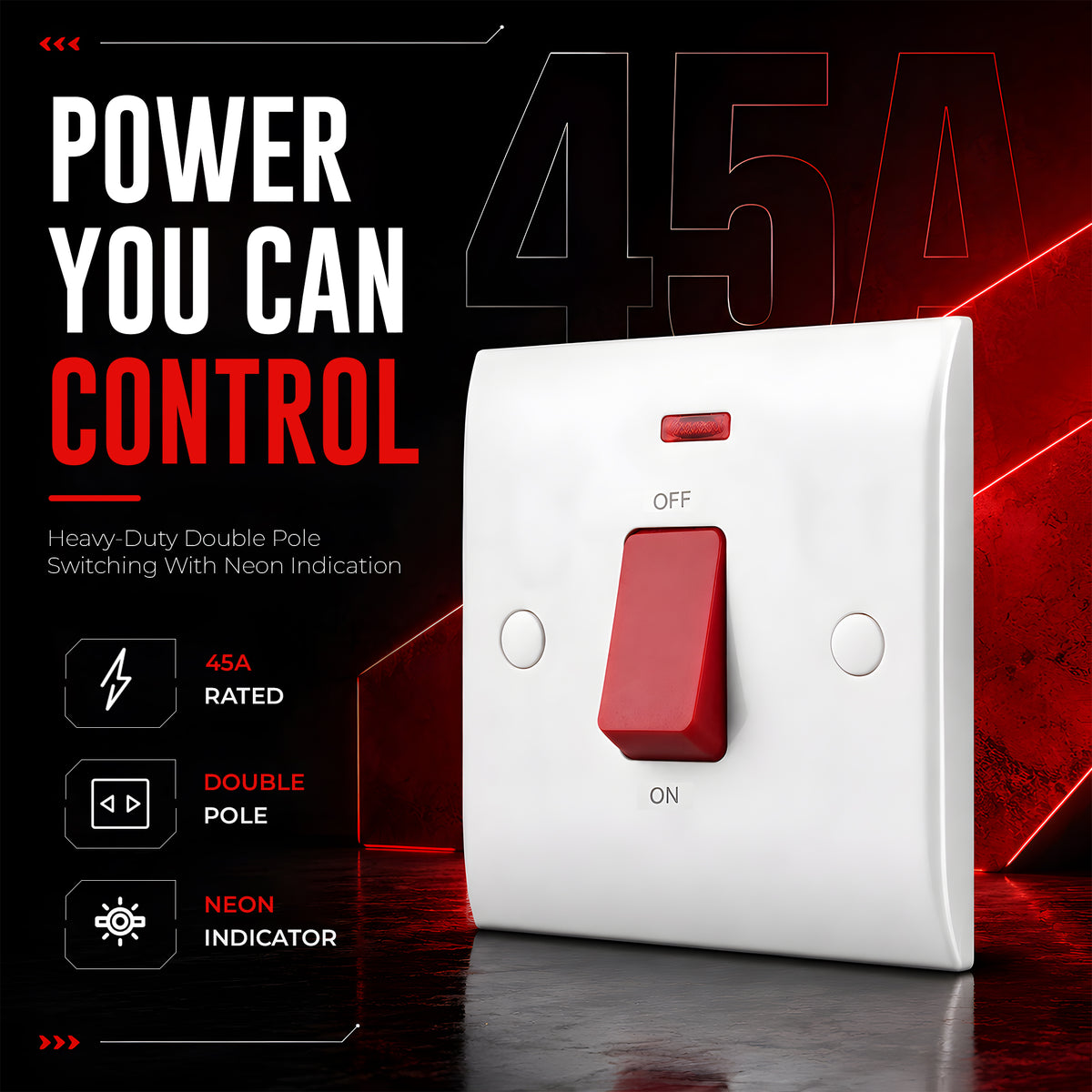 45A Double Pole Cooker Switch with Neon Red Rocker ~1250