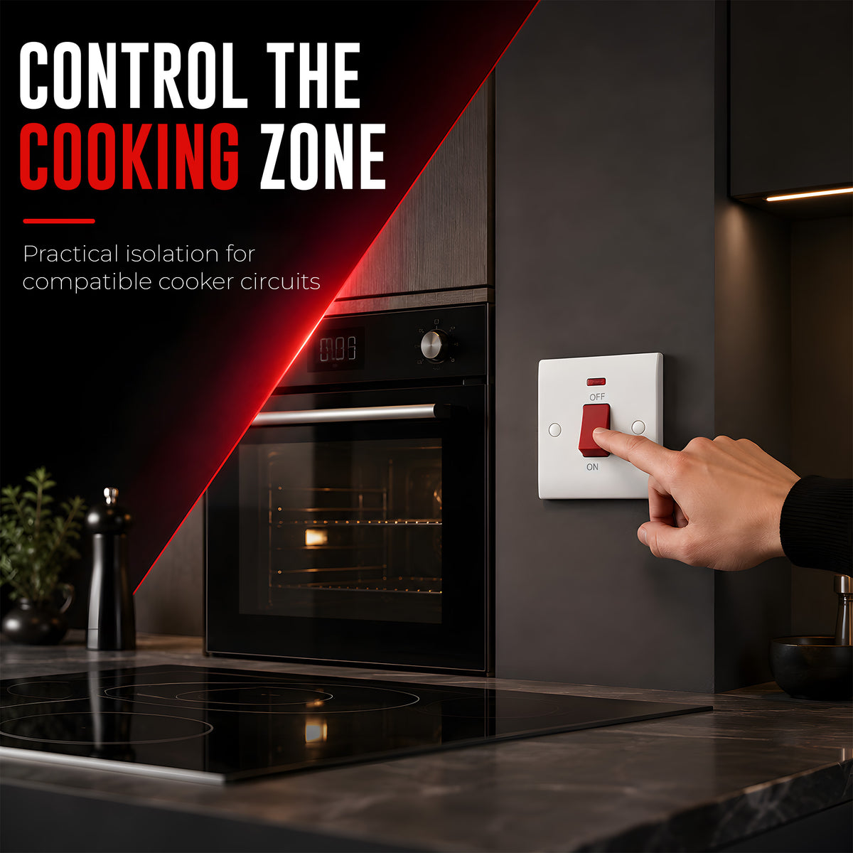 45A Double Pole Cooker Switch with Neon Red Rocker ~1250