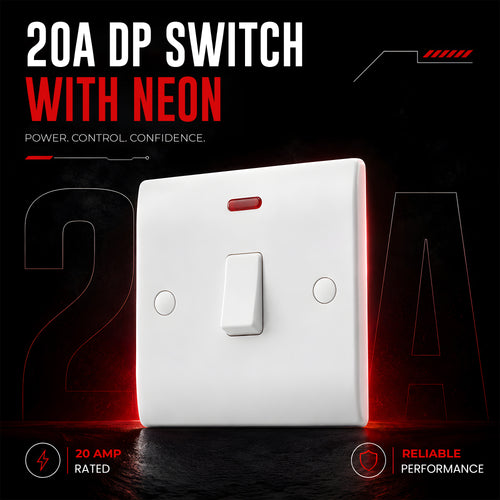 20A Double Pole White Curved Edge Switch with Neon Indicator ~1255