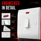 20A Double Pole White Curved Edge Switch with Neon Indicator