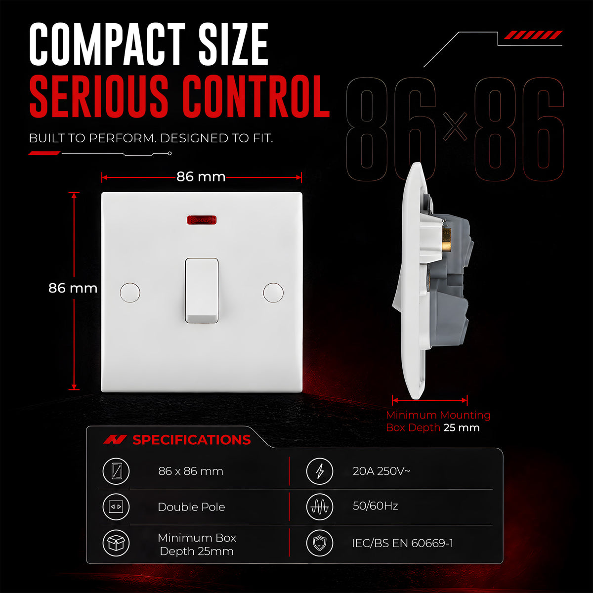 20A Double Pole White Curved Edge Switch with Neon Indicator