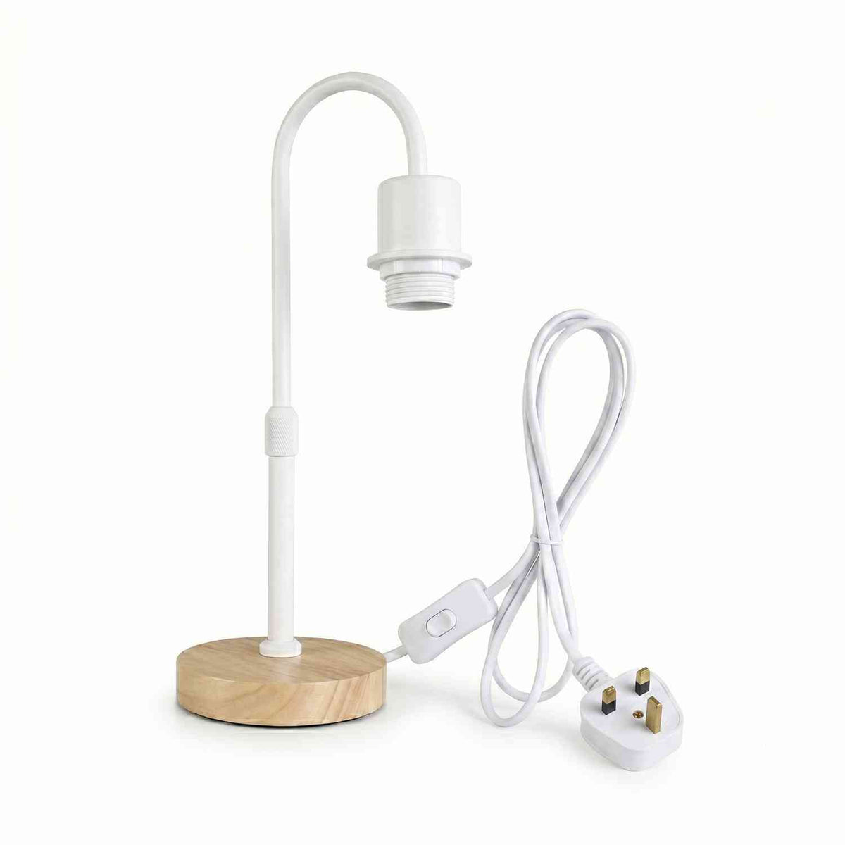 Wooden Base Table Lamp with Curved Arm E27 Inline Switch