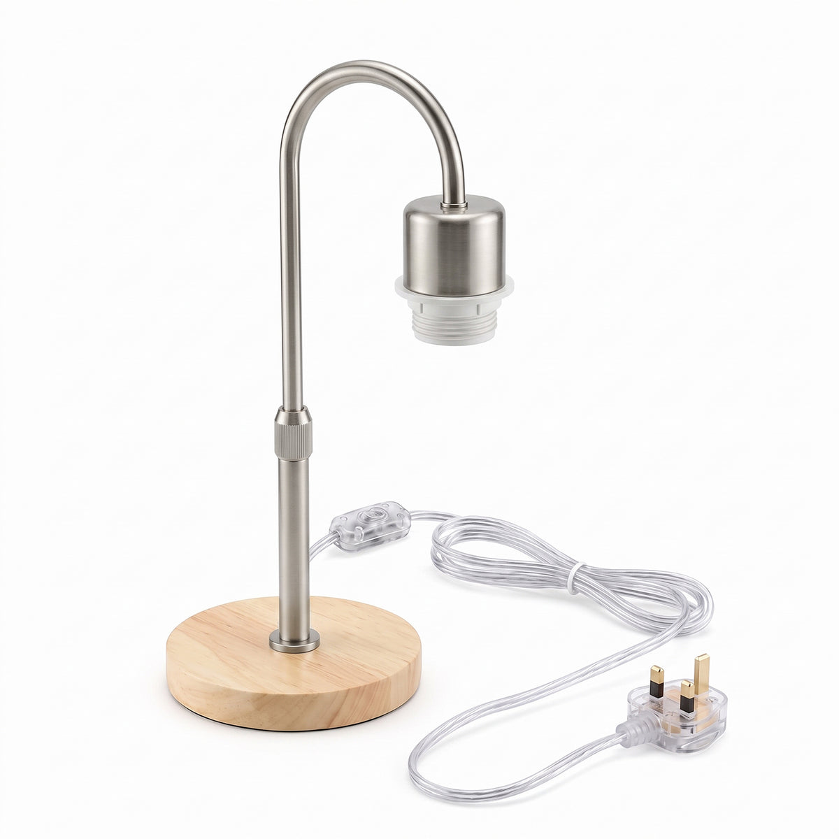 Wooden Base Table Lamp with Curved Arm E27 Inline Switch