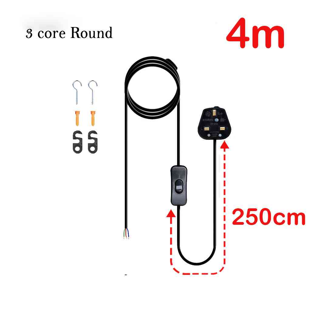 Plug-In Lamp Cable with UK Plug and Inline Switch, 2 Core and 3 Core