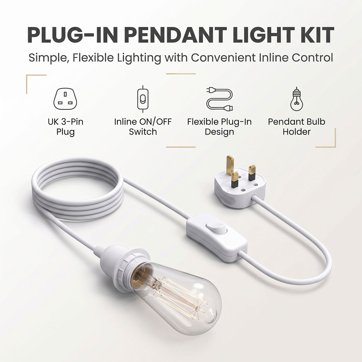 Plug In E27 Pendant Light Cord Set 4m or 4.5m Black or White