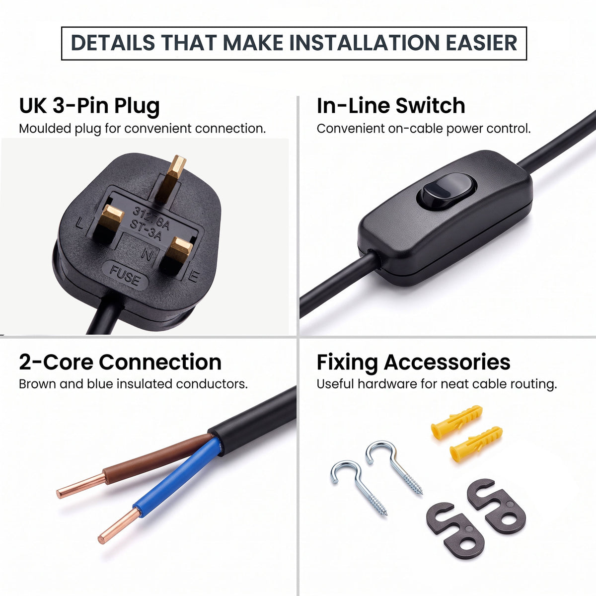Plug-In Lamp Cable with UK Plug and Inline Switch, 2 Core and 3 Core
