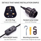 Plug In E27 Pendant Light Cord Set 4m or 4.5m Black or White
