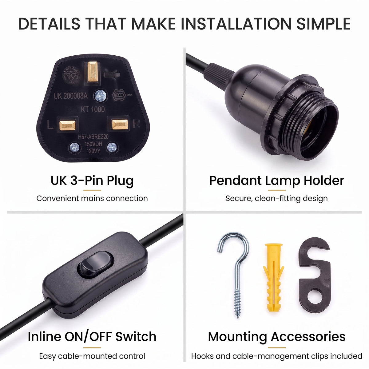 Plug In E27 Pendant Light Cord Set 4m or 4.5m Black or White