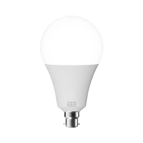 A modern LED light bulb with a frosted white glass globe and a silver bayonet base b22