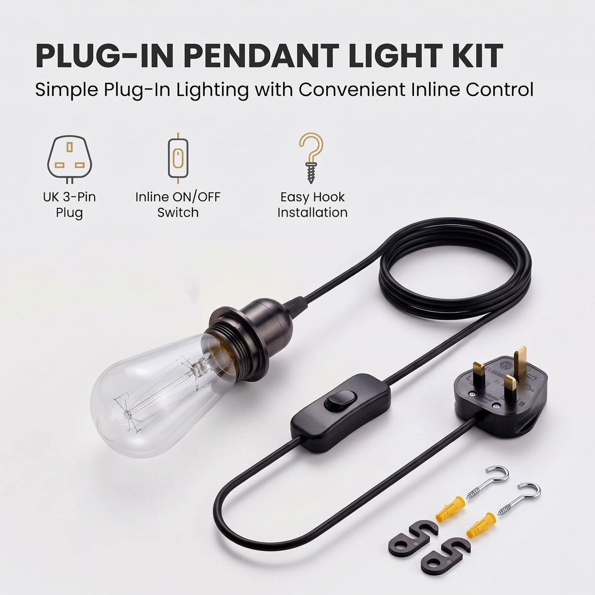 Plug In E27 Pendant Light Cord Set 4m or 4.5m Black or White