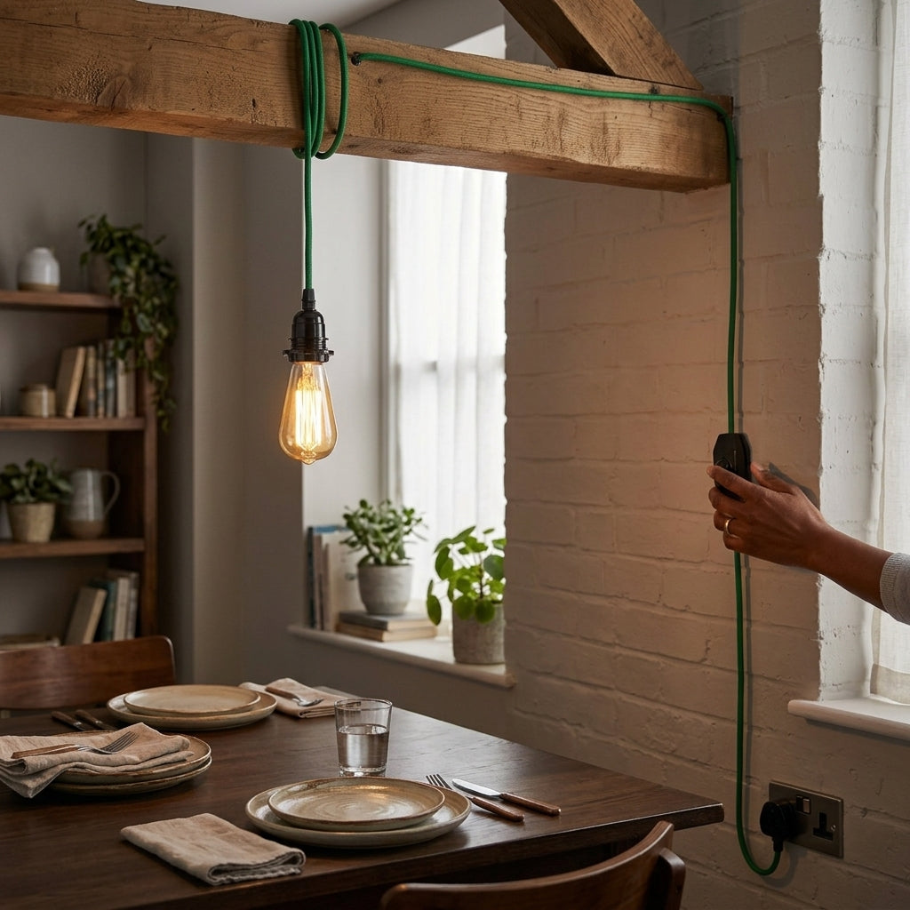 A green cordless pendant light with a black socket hangs from a wooden ceiling beam in a dining room. A hand holds a black remote control near the cord on the right wall.