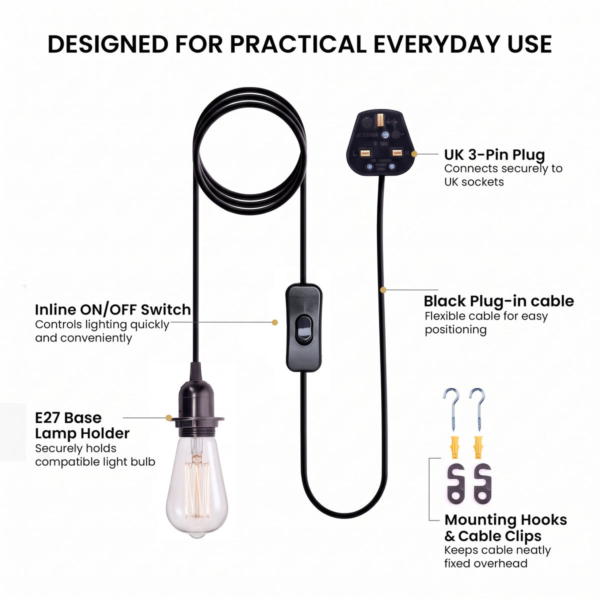 Plug In E27 Pendant Light Cord Set 4m or 4.5m Black or White
