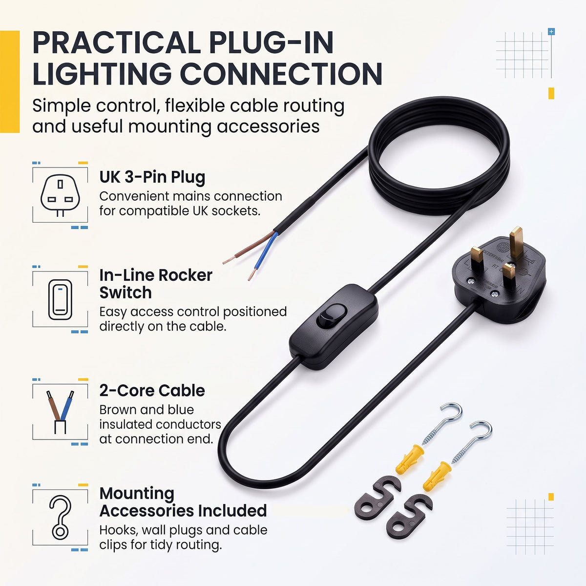 Plug-In Lamp Cable with UK Plug and Inline Switch, 2 Core and 3 Core