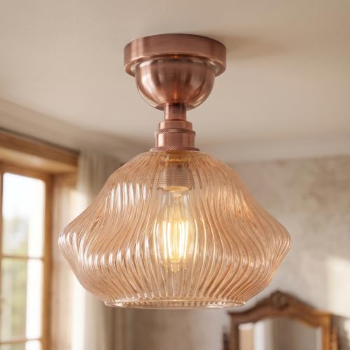 Semi Flush Ceiling Light Amber Ribbed Glass Shade E27 Ceiling Lamp~1207