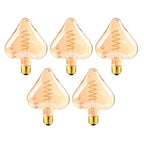 Heart-shaped E27 LED filament bulb, amber glass, lit, five bulbs on a white background