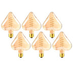 Heart-shaped E27 LED filament bulb, amber glass, lit, six bulbs on a white background