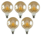 G125 E27 LED filament bulb, amber glass, unlit, five bulbs on a white background