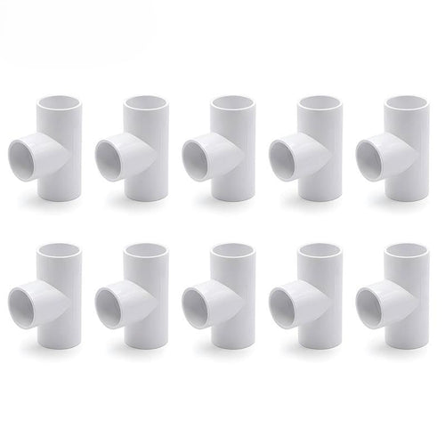 ten white, furniture-grade 3-way PVC pipe tee connectors