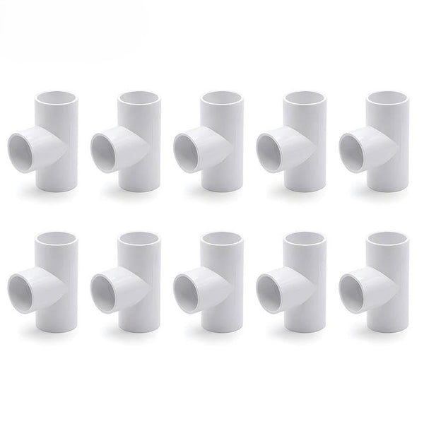 ten white, furniture-grade 3-way PVC pipe tee connectors