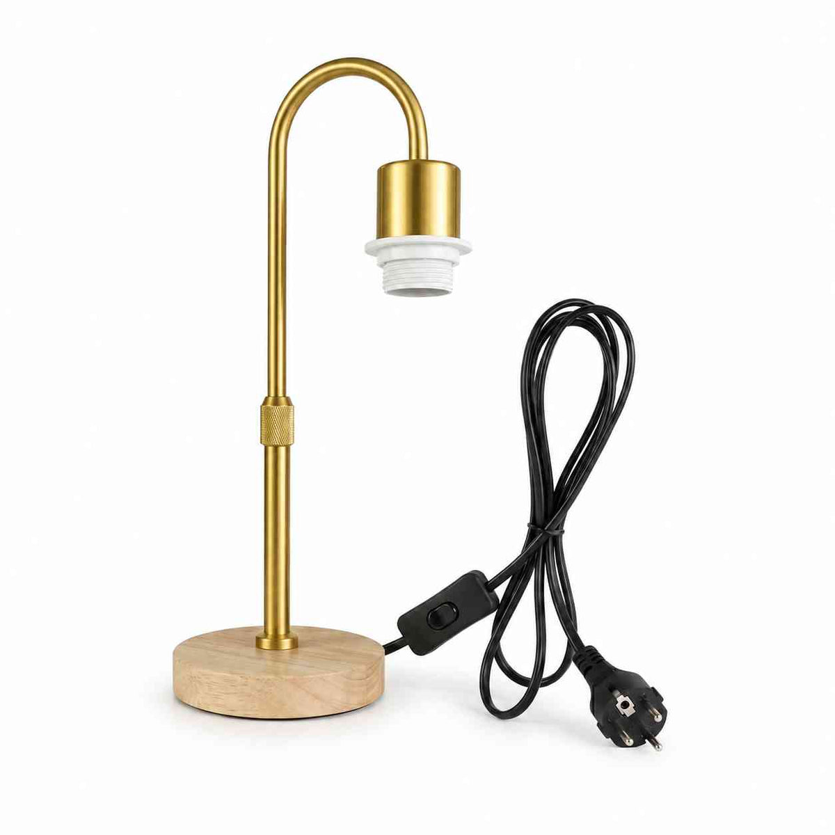Wooden Base Table Lamp with Curved Arm E27 Inline Switch