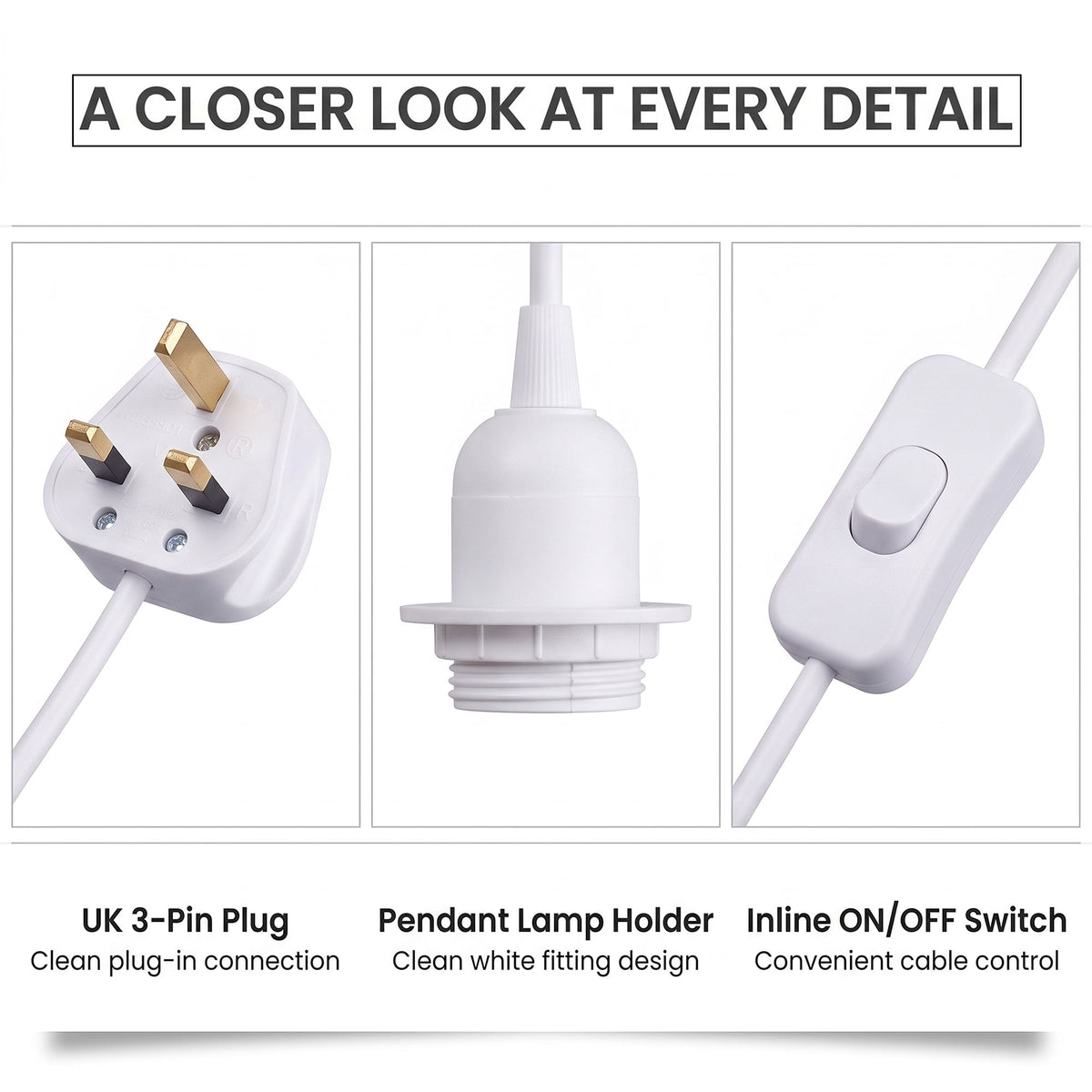 Plug In E27 Pendant Light Cord Set 4m or 4.5m Black or White
