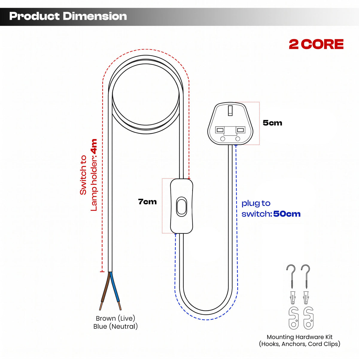 Plug-In Lamp Cable with UK Plug and Inline Switch, 2 Core and 3 Core