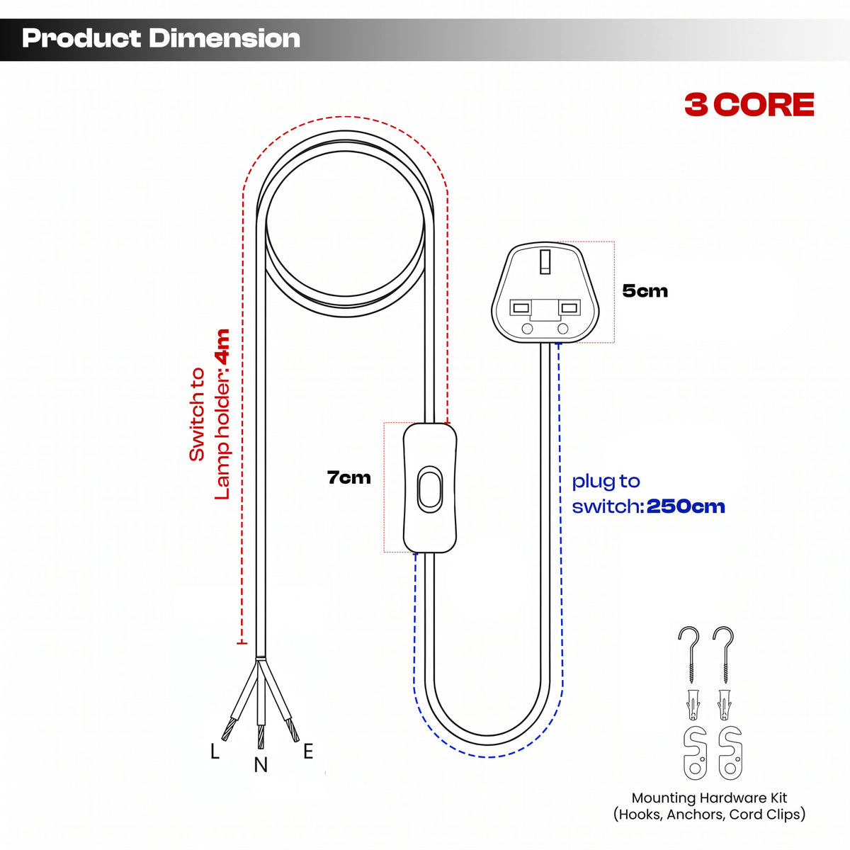 Plug-In Lamp Cable with UK Plug and Inline Switch, 2 Core and 3 Core