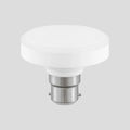 A modern LED ceiling light with a white frosted circular dome and a silver metallic bayonet base, 