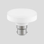A modern LED ceiling light with a white frosted circular dome and a silver metallic bayonet base, 