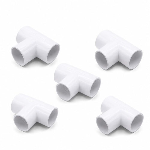 five white PVC 3-way pipe tee connectors