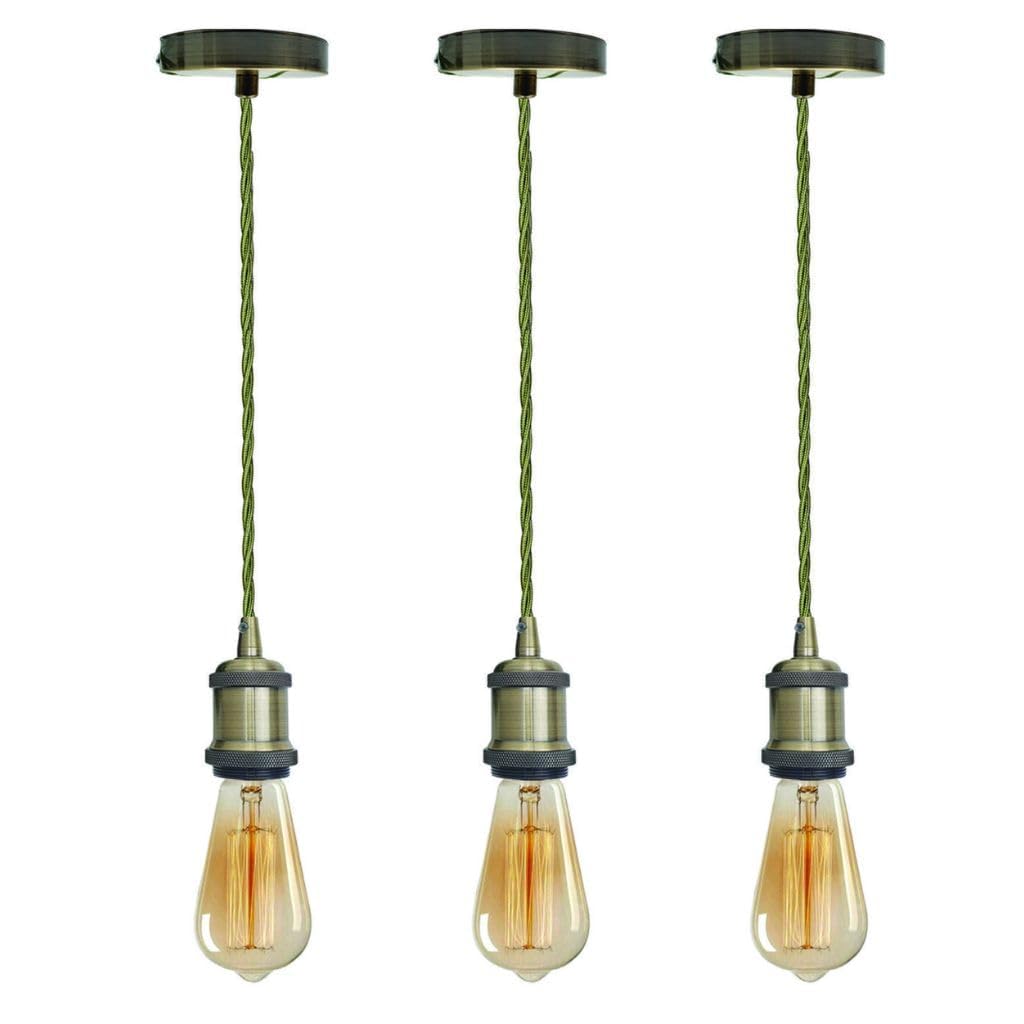 Vintage Brass E27 Pendant Light Fitting – 195cm Twisted Fabric Cable ~1226