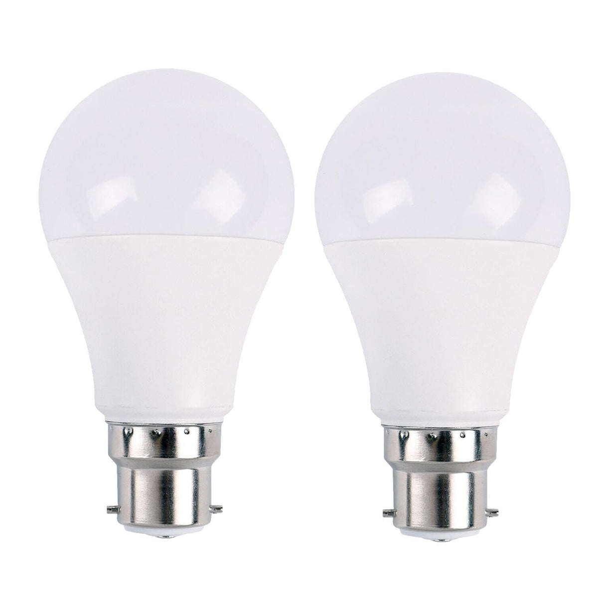 Two white LED light bulbs with bayonet bases b22