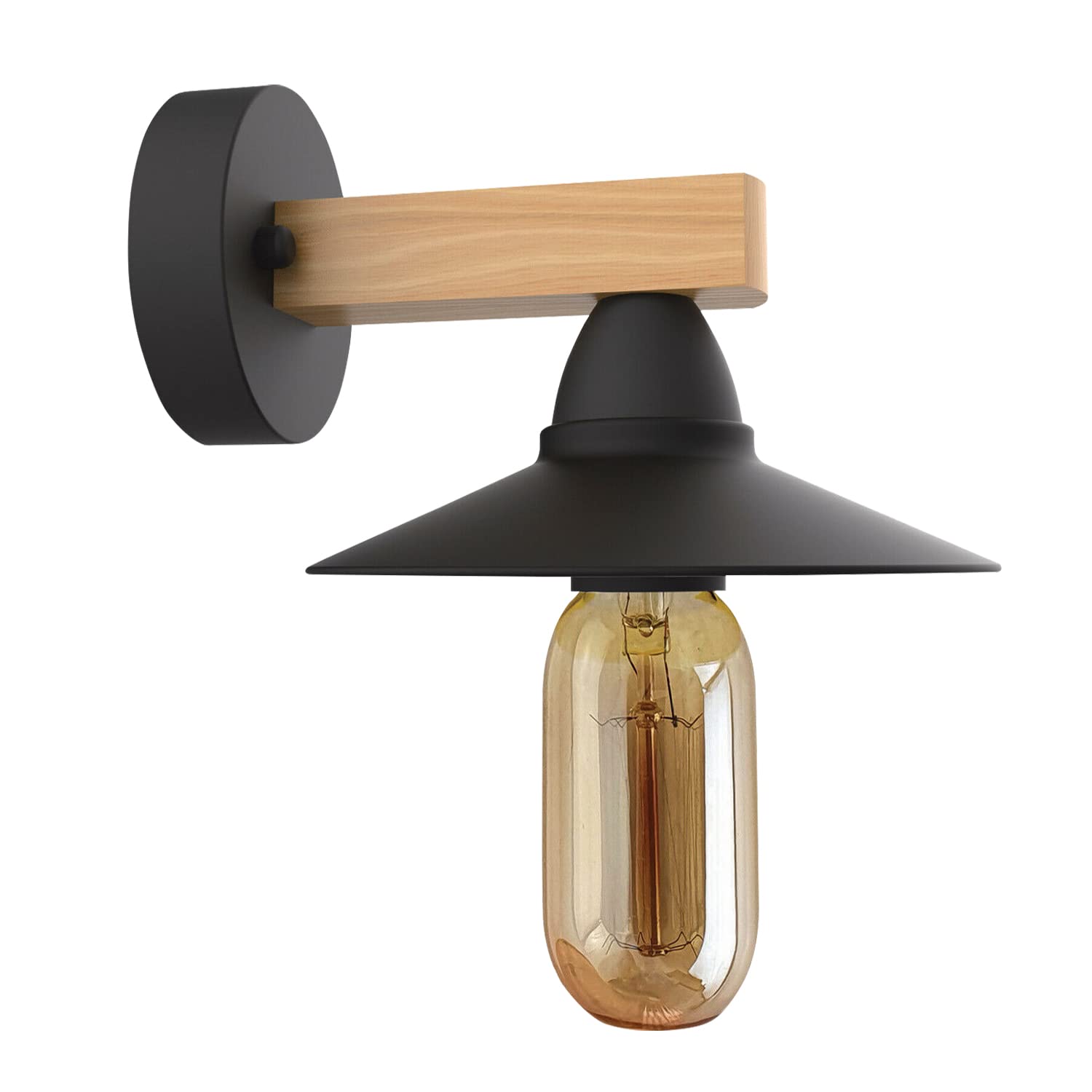 Modern Vintage Wood Arm Wall Sconce – Black Metal E27 ~1075