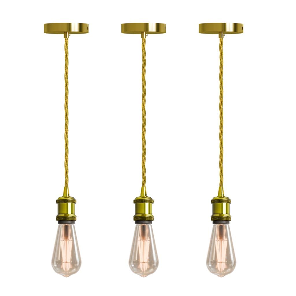 Vintage Brass E27 Pendant Light Fitting – 195cm Twisted Fabric Cable ~1226