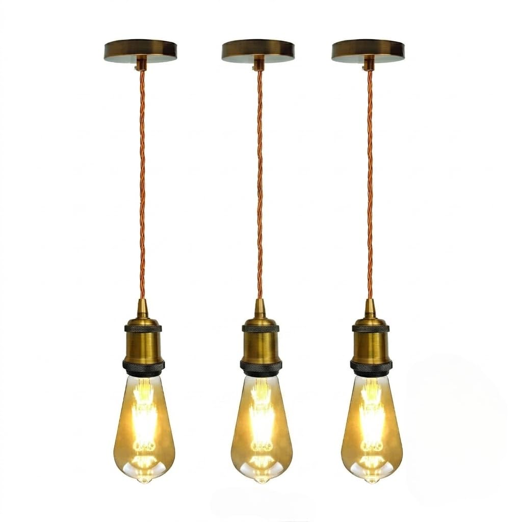 Vintage Brass E27 Pendant Light Fitting – 195cm Twisted Fabric Cable ~1226