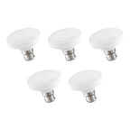 Five white frosted LED light bulbs with silver bayonet-style metal bases