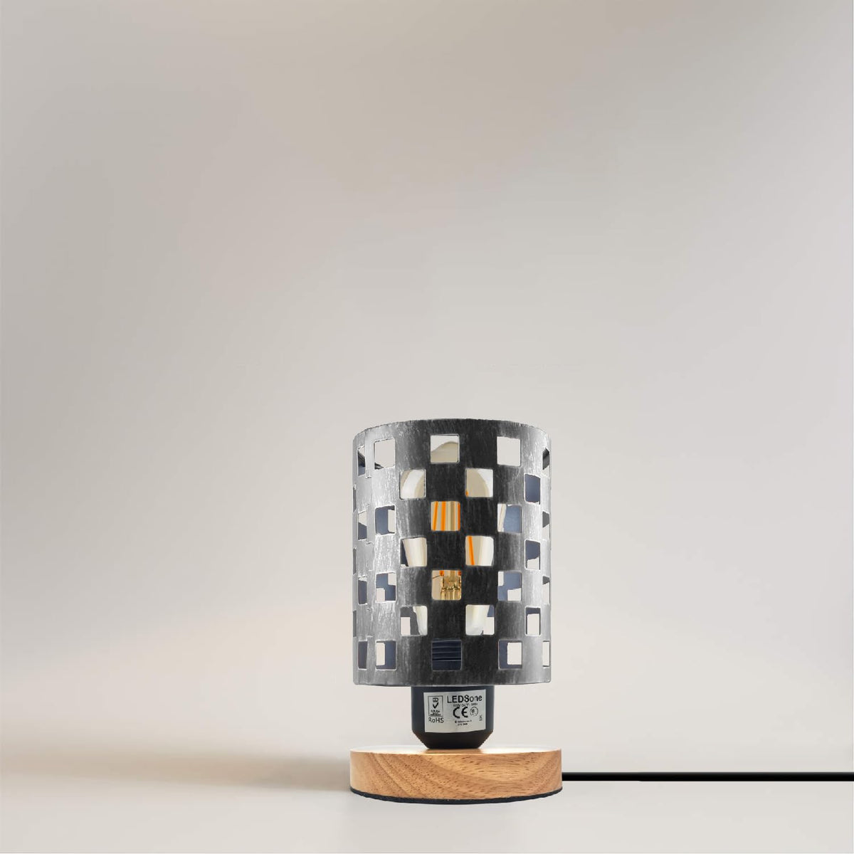 Vintage E27 Table Lamp with Barrel Cage & Wooden Stand